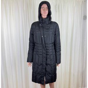 Calvin Klein Duck Down Feathers Long Quilted Puffer Hood Jacket Coat Sz SM Black